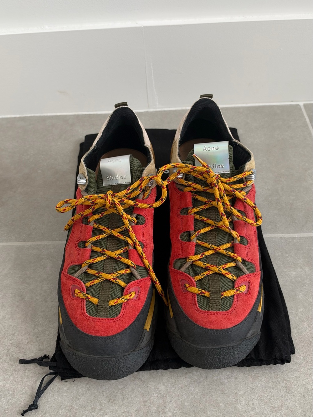 Acne Men’s Red and Olive Hiking-Style Sneakers box and dust bags